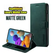 For Samsung Galaxy A21s Case, SupRShield Wallet Leather Flip Magnetic Stand Case Cover (Matte Green)