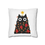Festive Black Cat Christmas Tree Square White Pillowcase Home Decor Case
