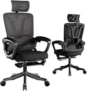 USOR Ergonomic Office Chair Desk Gaming Computer Chair Breathable Mesh High Back Chair Adjustable Headrest Lumbar Support PU Wheels Swivel Computer Task Tilt Function Chair with Footrest Black