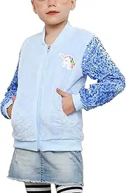 [QPANCY] Girls Fleece Jacket Kid Fuzzy Sherpa Full zip Sequin Sleeves Outwear with Pocket