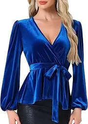 [Allegra K] Velvet Blouses for Women's Elegant Tie Waist Long Sleeve V Neck Wrap Peplum Blouse Top