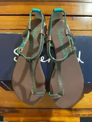NIB SPLENDID *MOROCCO* TEAL/BROWN FLAT TOE-LOOP SUMMER SANDALS - LADIES 5.5 M
