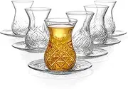 Red Co. Set of 6 Tulip Shaped 6 Fl Oz Cut Glass Turkish Tea Cups with Saucers, Clear