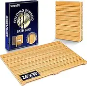 SereneLife Foldable Bamboo Bath and Shower Mat, Non-Slip Floor Mat for Bathroom, Sauna, Spa - Dual Non-Slip Surfaces, Withstands up to 300lbs Weight, Easy Storage - Natural
