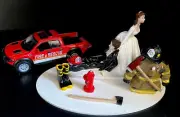 Firefighter Fireman Cake Topper Bridal Wedding Day Bride Groom Fire Engine Truck