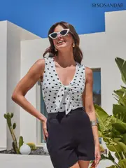 Sosandar White Spot Print Tie Front Vest Top (E86912) | $90