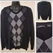 Claiborne Mens XXL Sweater 2XL Black V-Neck Argyle Gray 100% Cotton Chrlie Brwn