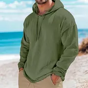 Men's Henley Shirt Linen T-Shirt Long Sleeve Hooded Summer Spring Solid Color Plain Vintage Bohemian Casual Raw Edge Vacation Street Casual White Pink Light Bl