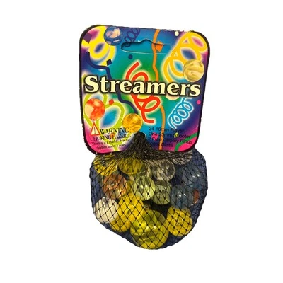Net Bag 25 "Streamers" Glass Mega Marbles 24 Players & 1 Shooter Ribbons