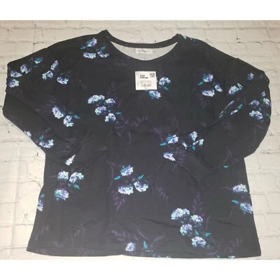 NWT Liz Claiborne Women's Black Floral Bishop Sleeve Pullover Top Large