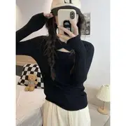 Long-Sleeve Plain Twist Cutout Knit Top Black - One Size