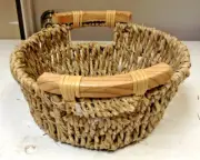 Round Woven Seagrass Storage Organizer Toy Bath Basket Wood Handles 11.5x5 SMALL