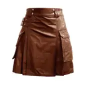 Men's Leather Brown Utility Kilt Twin CARGO Pockets Pleated with Twin Buckles