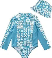 [Volcom] Toddler Girls' Rash Guard Set - 2 Piece UPF50+ Quarter Zip Long Sleeve One Piece Swimsuit with Matching Hat (12M-4T)