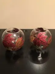 october hill set of 2 maple leaf glass tea light holders NIB