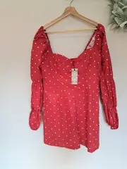 NWT Boohoo Red Polka Dot Puff Sleeve Playsuit Size 14