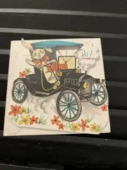 Vintage Greeting Card Get Well Bunny Rabbit In Car