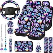 17 Pcs Mushroom Car Seat Covers and Accessories Full Set for Women Men - Front Rear Seat Protector, View Mirror Ornament, Steering Wheel Belt Cover (Colorful)