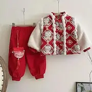 [JIMINISO] Winter Chinese Clothing Hair Ball Red Modern Hanfu Cute Thick Warm Tang Suit Jacket Pants Set