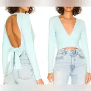 Susana Monaco V Neck Open Back Top Womens Medium Blue Breathe Tie Back