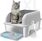 suzzipaws Stainless Steel Cat Litter Box Extra Large Metal Tray for Big Cats Pan Toilet High Enclosed Sides Pet with Footboard & Scoop, Old and Short-Legged Friendly, Silver & Grey, (CP-MLB01)