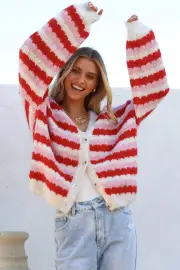 Hallie Cardigan - V-Neck Button Front Stripe Cardigan in Red