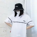 FILA BUCKET HAT 黑色 刺繡 帽沿串標 雙面戴 滿版LOGO 復古 漁夫帽【HTV-5207】