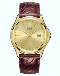 在飛比找Yahoo!奇摩拍賣優惠-CASIO WATCH 卡西歐金色男士單日期圓格紋棗紅皮帶石