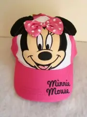 New Disney Minnie Mouse Pink Fabric White Polka Dot Bow Baseball Cap Youth Size