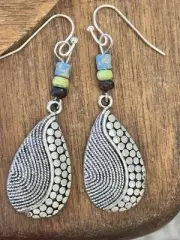 Etched Silver Teardrop Dangle with Blue, Green and Brown Earrings. Boho