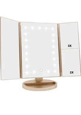 Tri-fold Lighted Vanity Makeup Mirror with 3x/2x/1x Magnification, 21Leds gold