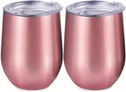 Stainless Steel Wine Glasses Set of 2, Double Wall Insulated with Lid Stemless Coffee Cup Double Wall Vacuum Travel Mugs Cocktails Beer Cups for Cold & Hot Drinks (Rose Gold)