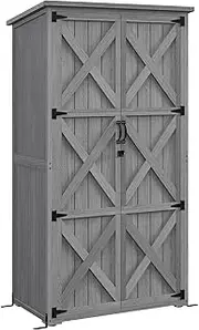 [Outsunny] Wooden Garden Shed, Outdoor Storage Cabinet with Waterproof Asphalt Roof, Narrow Tool Shed with Shelves and Lockable Doors, Gray