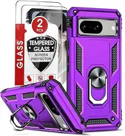 [LeYi] for Pixel 8 Case: Google Pixel 8 Case with 2 Pcs Tempered Glass Screen Protector, Military-Grade Heavy Duty Phone Case with Magnetic Ring Stand for Pixel 8, Purple