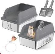 Amibud 2 Pack XL Metal Cat Litter Box with Lid Scoop-Extra Large Stainless Steel Litter Boxes for Big Cats, Kitty Litter Pan Tray Cat Toilet with High Wall Enclosure