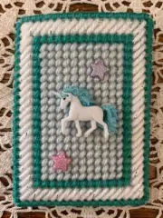 Handmade Needlepoint Plastic Canvas Gift Card Holder - Aqua Glitter Unicorn
