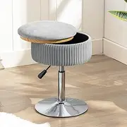 LUE BONA 360°Swivel Vanity Stool Chair for Makeup Room, Height Adjustable Stool for Vanity with Storage, Small Grey Velvet Vanity Stool for Bathroom, Living Room