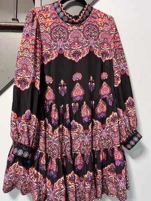 Anthropologie Long-Sleeve Embroidered Boho Mini Dress Red Black Plus 18W