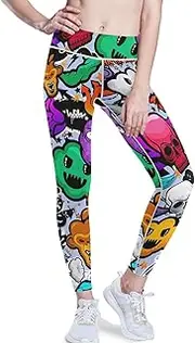 [GuoChe] Soft Yoga Pants for Women 1970s Disco Retro Grunge Graffiti Sport Leggings High Waisted Tummy Control