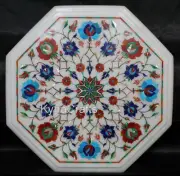 Marble Patio End Table for Garden Decor Gemstone Inlay Work Coffee Table Top