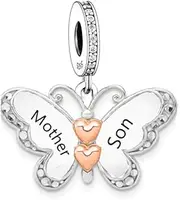[Mon & Sons] Mother Son Butterfly Love Heart Rose Gold Charm Bead Pendant 925 Sterling Silver Dangle Compatible With Pandora Charm Bracelet, Metal