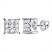 14k White Gold Round Diamond Square Cluster Earrings 1/6 Cttw