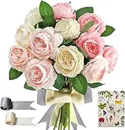 SNAIL GARDEN 12pcs Vintage Artificial Flowers Fake Peony Blossom Silk Flowers Bouquet for Bridal Wedding Home Party Festival Floral Arrangements Decoration(Deep Pink/Pink/White - Each 4pcs)