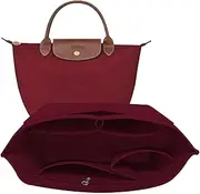 TUKYWAN Purse Organizer Insert Handbag Organizer for Longchamp Bag,Bag Organizer Insert with Divider Pocket and Zipper Inner Bag Liner for le pliage Tote (Wine Red, Small)