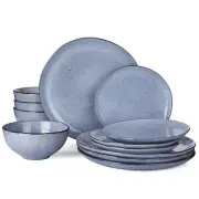Moonlight Plates and Bowls Sets, 12 Pieces Stoneware Dinnerware Set with Line...
