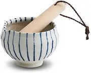 Traditional Japanese Mini Sesame Seed Grinder with Pestle - Mino Takada-yaki Ceramic - Deep Amber - Ideal for Dressings and Sauces (Indigo Stripe)