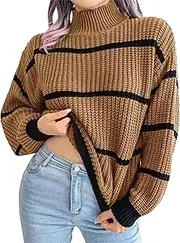 [Generic] Dark Green Thick Knit Turtleneck Sweater for Women with Black Striped Pattern Textured Ribbed Design for Warm Winter