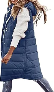 JMMSlmax Women's 2023 Autumn Reversible Vests Sleeveless Fleece Jacket Long Warm Winter Coat Outerwear Zip Hoodie Pockets, A6 Navy Blue, Medium, A6 Navy Blue, Medium