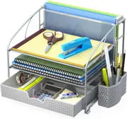 Silver Desk Organizer with 3 Trays, Sliding Drawer, File & Pen Holders