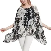[Wiiiwish] Women's Floral Chiffon Blouse Batwing Summer Hippie Sheer Loose Caftan Poncho Tunic Shirt Tops